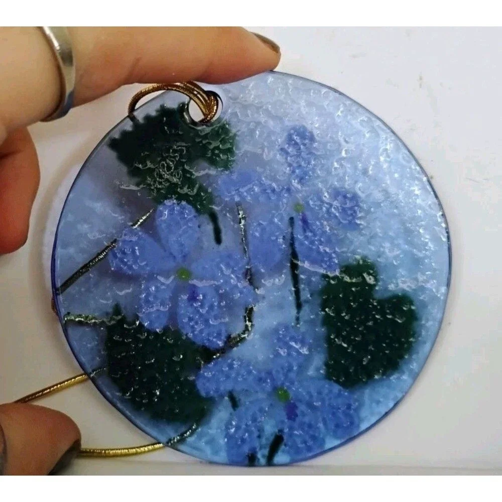 Anne C. Ross Studio Glass Hanging Ornament Purple Violets Signed Massachusetts